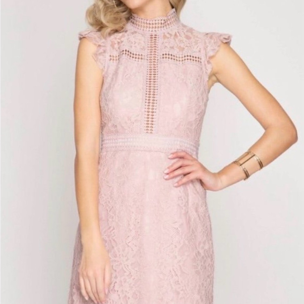 She + Sky Penny Blush Pink Lace Dress with High Neck Ruffle Details Lined Sz M